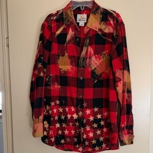 Vintage-Inspired Red Plaid Flannel Shirt with Star Print